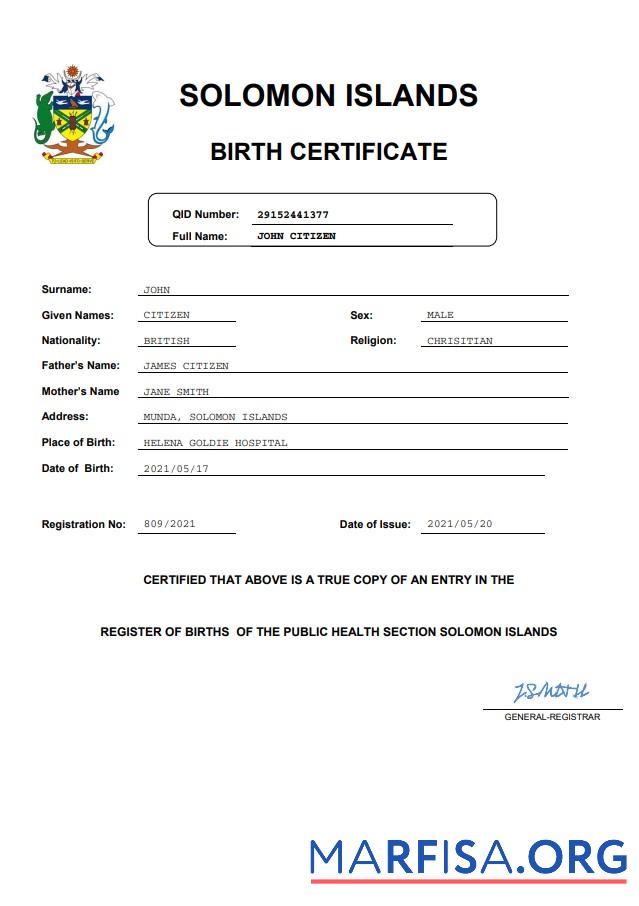 Printable Solomon Islands vital record birth certificate Word and PDF template